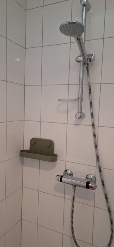 Douche met een regendouchekop, thermostatische kraan en een wandplank.