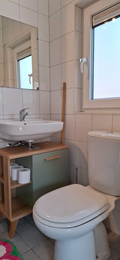 Badkamer met toilet, wastafel, spiegel en houten meubels. Licht binnenkomend vanuit het raam.