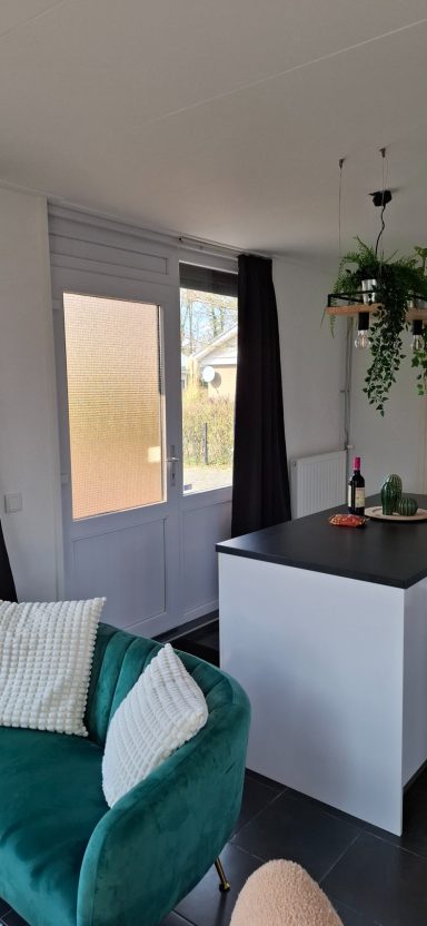 Moderne woonkamer met een groene stoel, een eettafel en planten bij een raam.