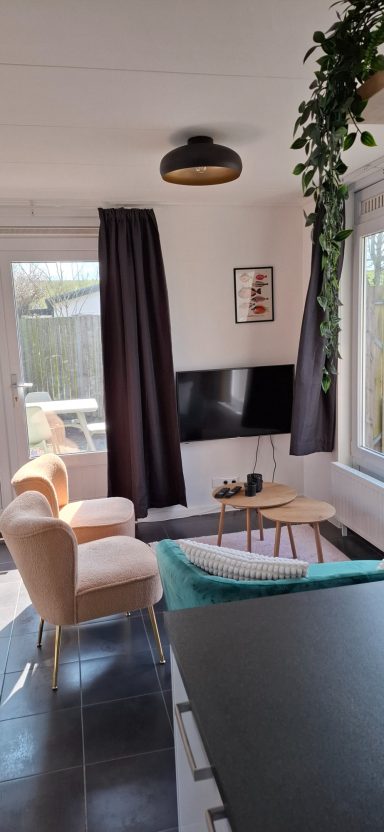 Moderne woonkamer met een tv, banken en grote ramen met uitzicht op de tuin.