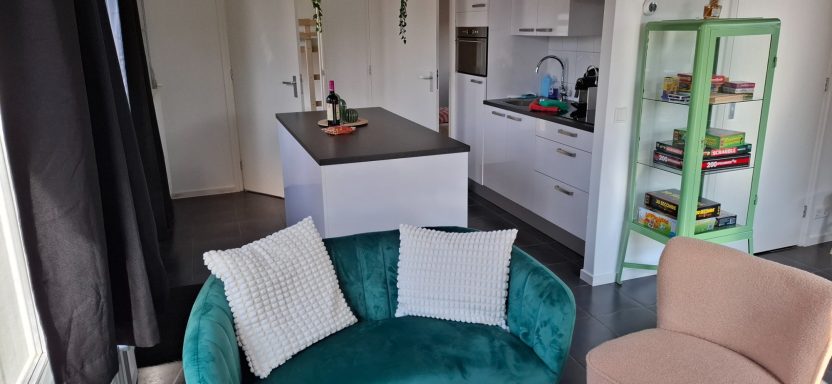 Moderne woonkamer met een groene bank, een keuken en een kleurrijke kast.