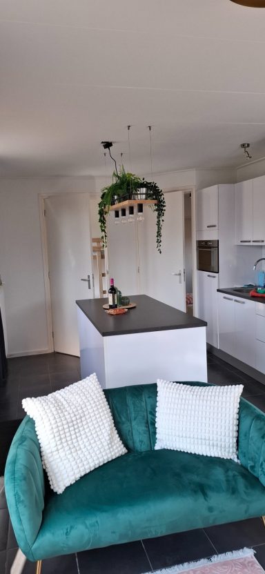 Moderne woonkamer met groene bank, kussen en een keuken achterin met planten.