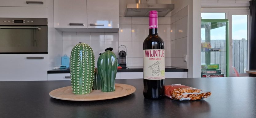 Twee groene cactussen, een fles wijn en een snack liggen op een houten schaal op een tafel.